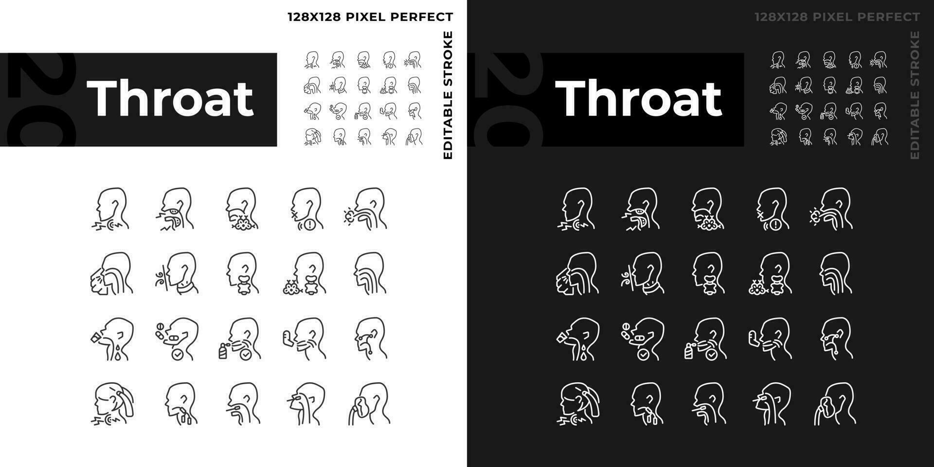 Throat pixel perfect linear icons set for dark, light mode. Diseases diagnosis and treatment. Awareness about sickness. Thin line symbols for night, day theme. Isolated illustrations. Editable stroke vector