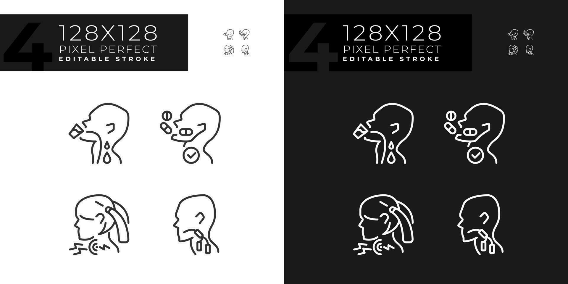 Throat sickness pixel perfect linear icons set for dark, light mode. Children and adults diseases treatment. Thin line symbols for night, day theme. Isolated illustrations. Editable stroke vector