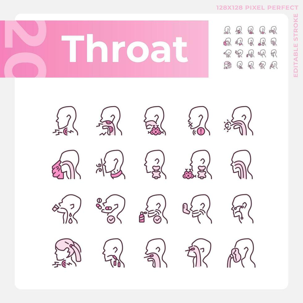 Throat pixel perfect RGB color linear icons set. Diseases diagnosis and treatment. Awareness about sickness causes. Isolated vector illustration. Simple filled line drawing. Editable stroke