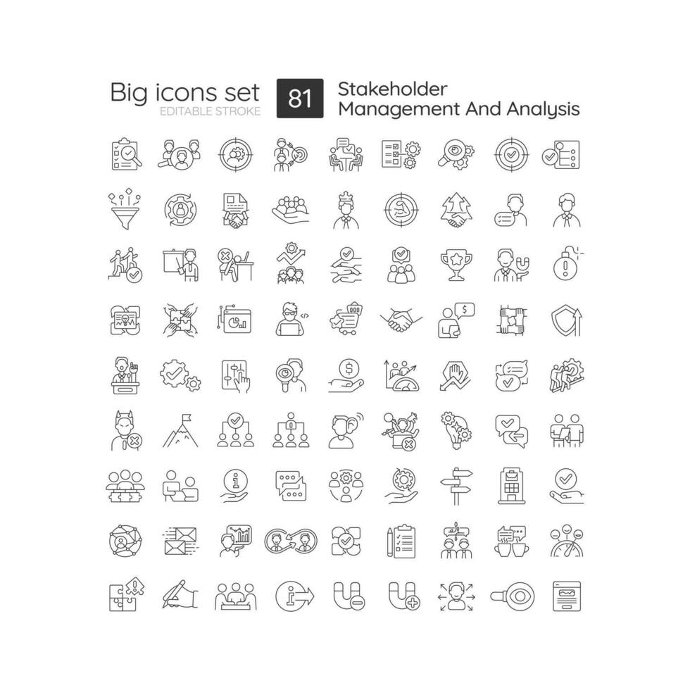 Stakeholder management and analysis linear icons set. Relationship development. Communication. Business strategy. Customizable thin line symbols. Isolated vector outline illustrations. Editable stroke