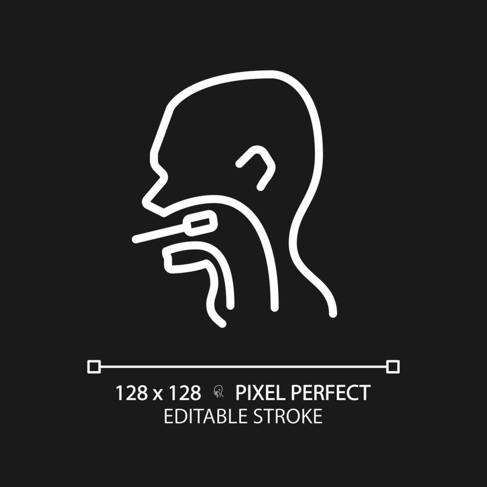 Throat exam pixel perfect white linear icon for dark theme. Medical checkup of patient. Taking sample for tests. Thin line illustration. Contour symbol. Vector outline drawing. Editable stroke