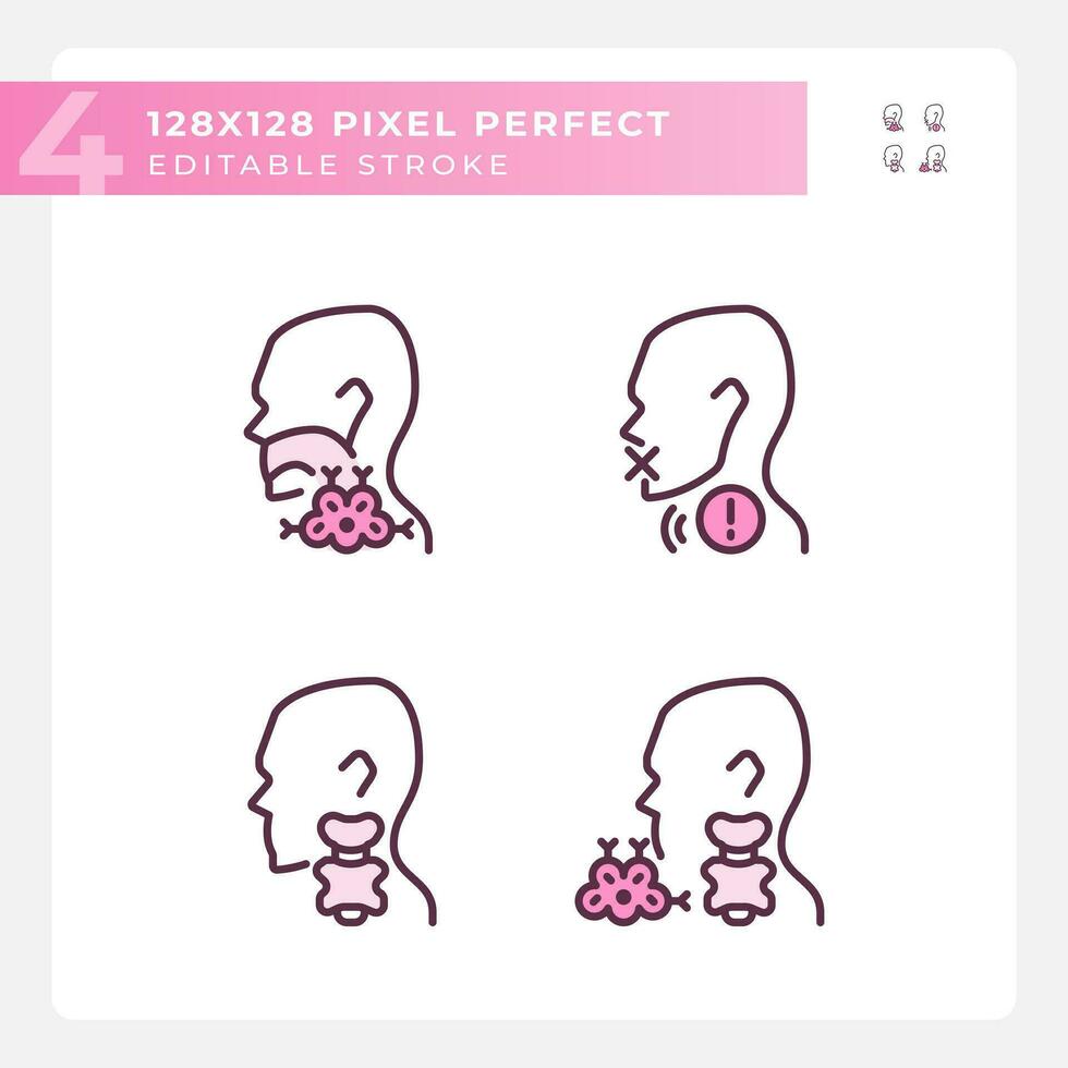 problema con garganta tratamiento píxel Perfecto rgb color lineal íconos colocar. cuidado de la salud para pacientes garganta diagnósticos aislado vector ilustración. sencillo lleno línea dibujo. editable carrera