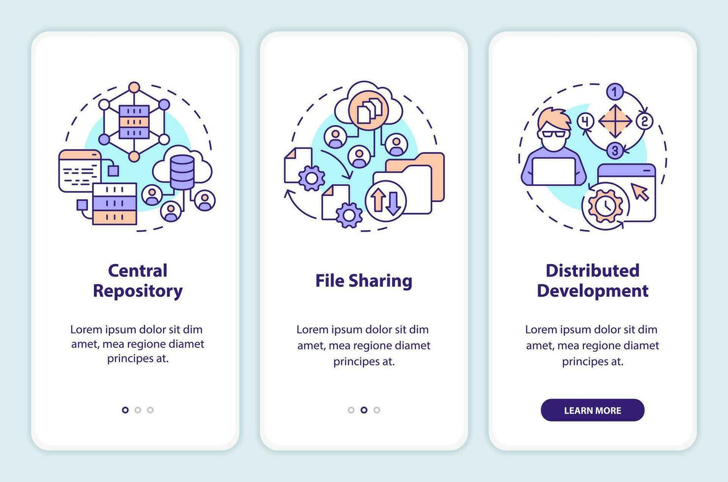 Version control advantages onboarding mobile app screen. Walkthrough 3 steps editable graphic instructions with linear concepts. UI, UX, GUI template vector