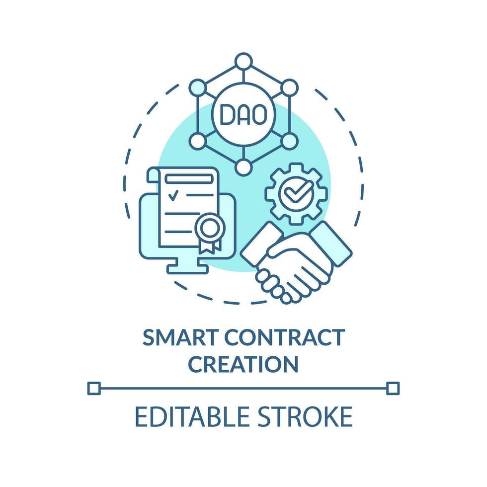 Smart contract creation turquoise concept icon. Blockchain network. DAO lunch step abstract idea thin line illustration. Isolated outline drawing. Editable stroke vector