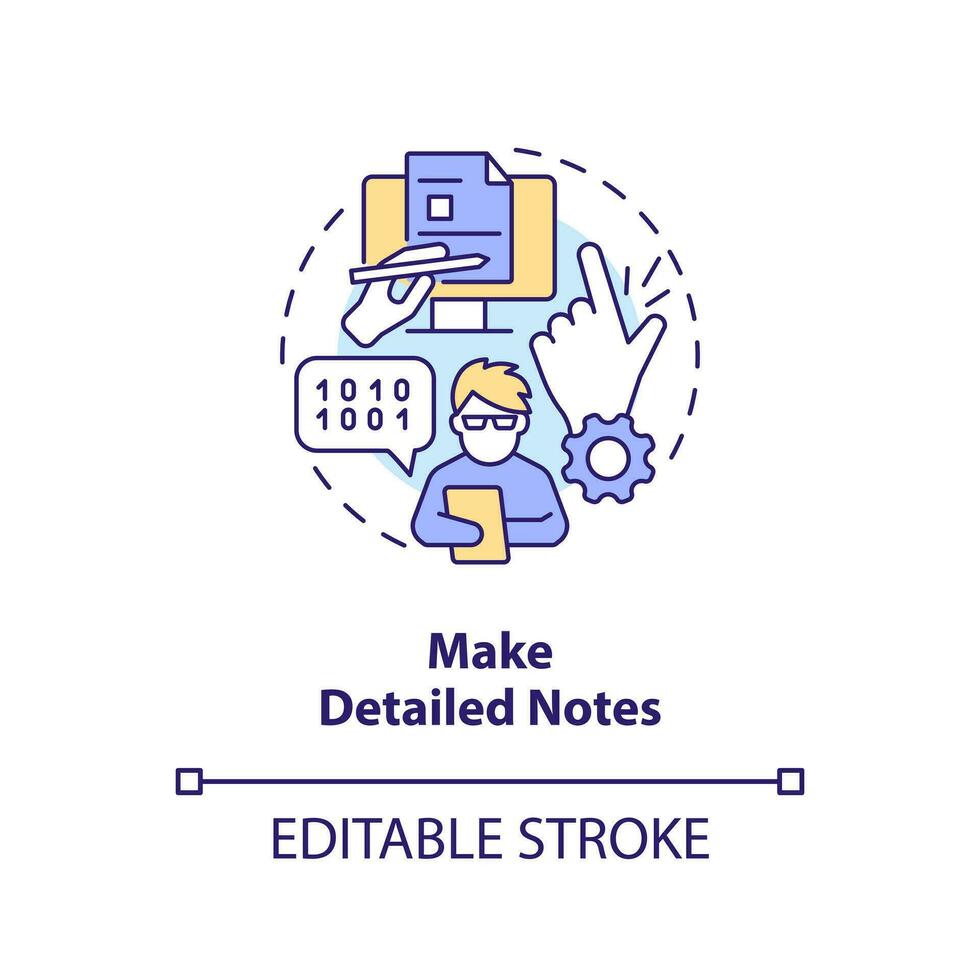 Make detailed notes concept icon. Source code management best practice abstract idea thin line illustration. Isolated outline drawing. Editable stroke vector
