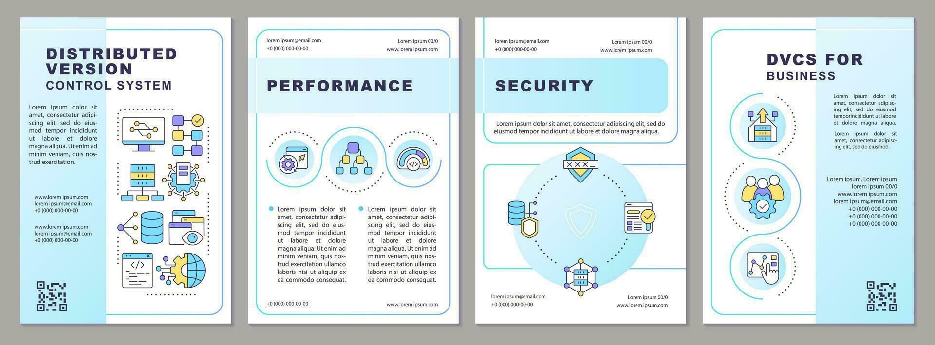 Distributed version control system blue gradient brochure template. Leaflet design with linear icons. 4 vector layouts for presentation, annual reports