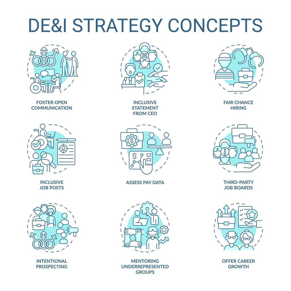 dei estrategia en lugar de trabajo turquesa concepto íconos colocar. diversidad, capital y inclusión idea Delgado línea color ilustraciones. aislado simbolos editable carrera vector