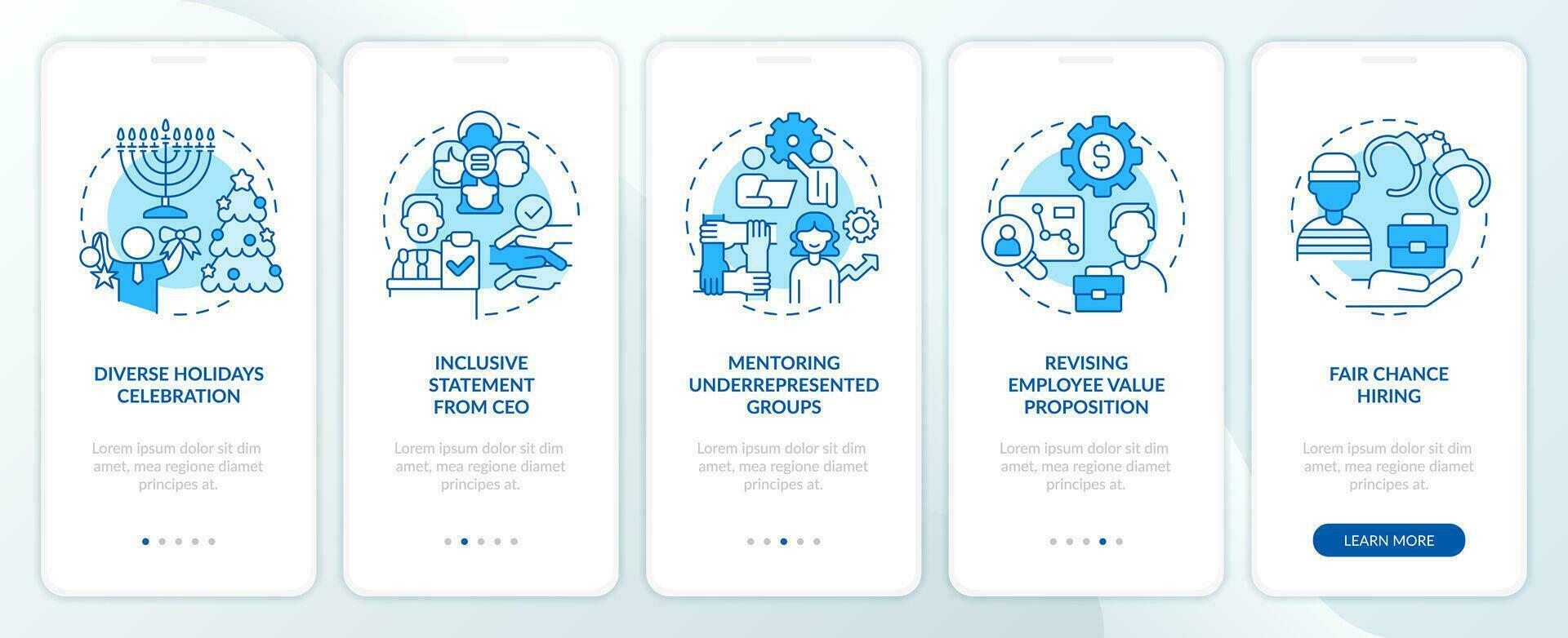 DEI initiatives for workplace blue onboarding mobile app screen. Walkthrough 5 steps editable graphic instructions with linear concepts. UI, UX, GUI template vector
