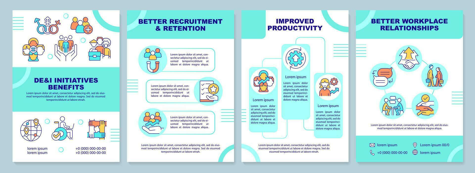 DEI initiatives benefits mint brochure template. Leaflet design with linear icons. Editable 4 vector layouts for presentation, annual reports