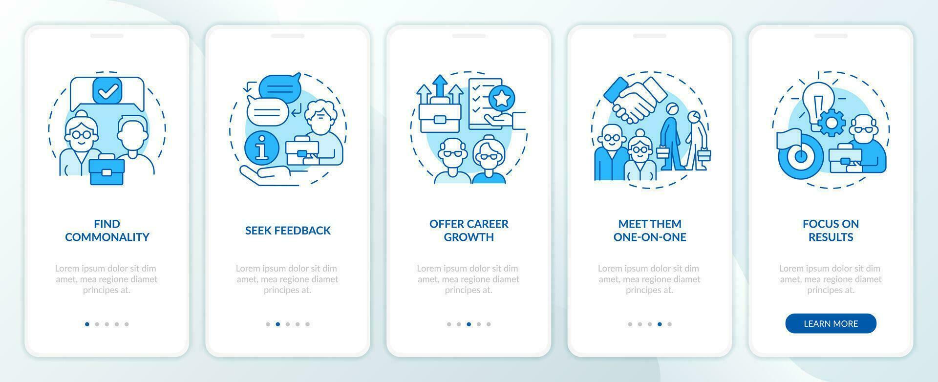 Younger supervisors vs older workers blue onboarding mobile app screen. Walkthrough 5 steps editable graphic instructions with linear concepts. UI, UX, GUI template vector