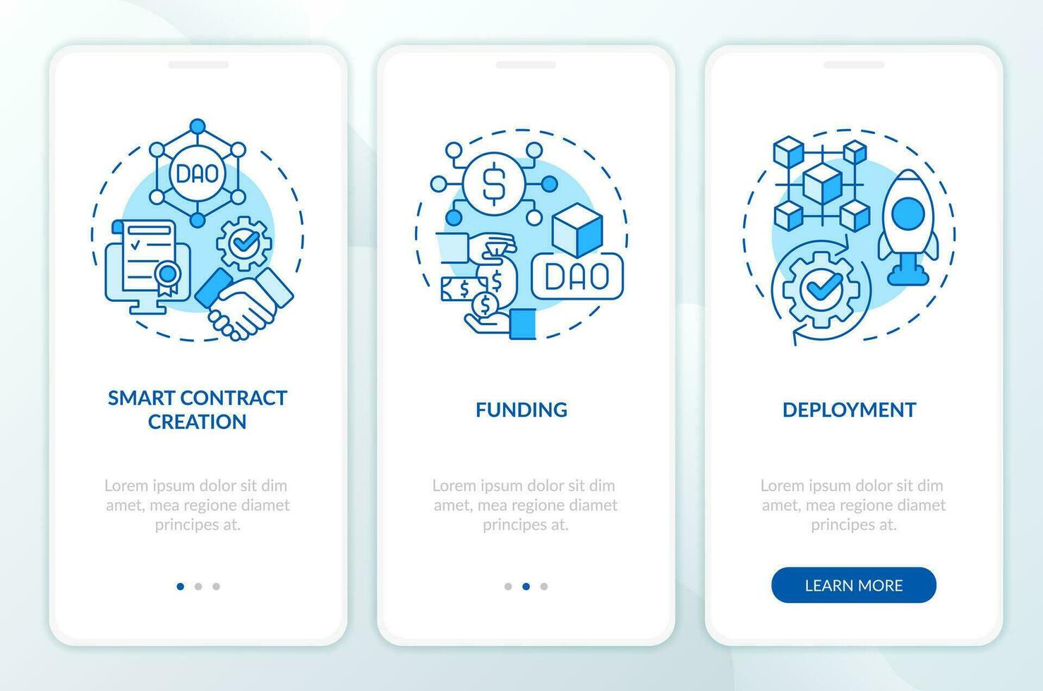 DAO lunch stages blue onboarding mobile app screen. Internet network walkthrough 3 steps editable graphic instructions with linear concepts. UI, UX, GUI templated vector