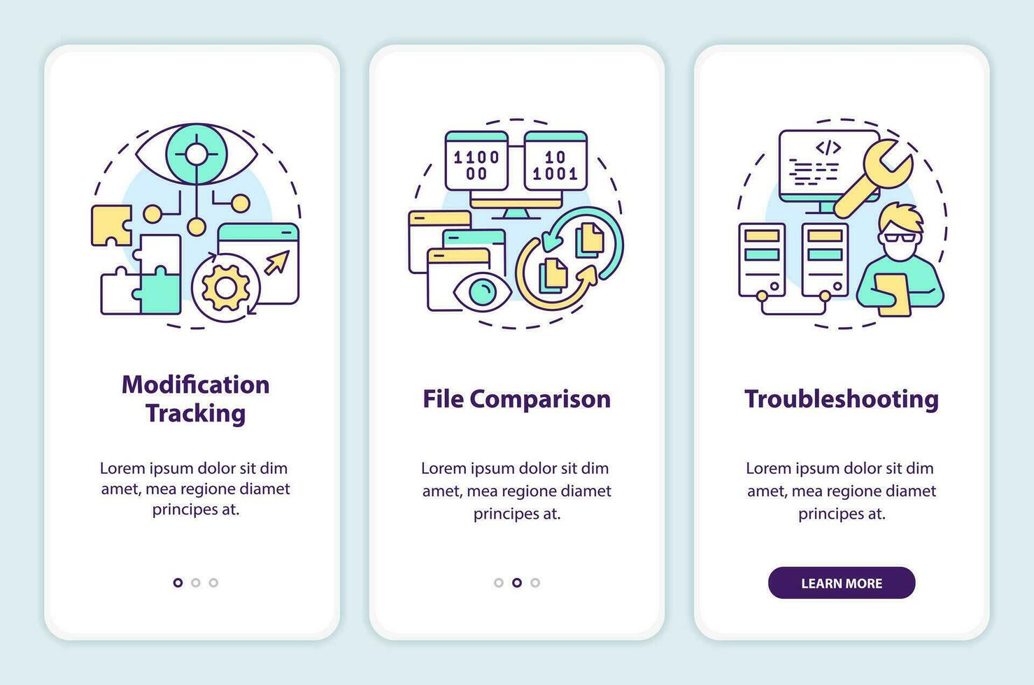 Version control benefits onboarding mobile app screen. Coding walkthrough 3 steps editable graphic instructions with linear concepts. UI, UX, GUI template vector