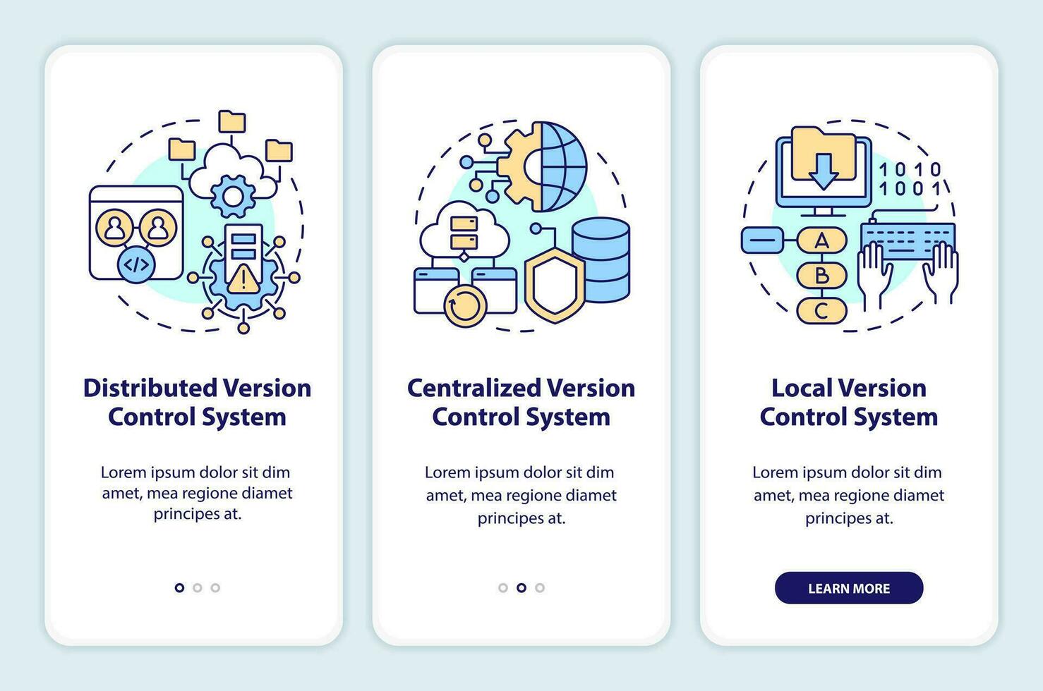 Version control systems types onboarding mobile app screen. Walkthrough 3 steps editable graphic instructions with linear concepts. UI, UX, GUI template vector