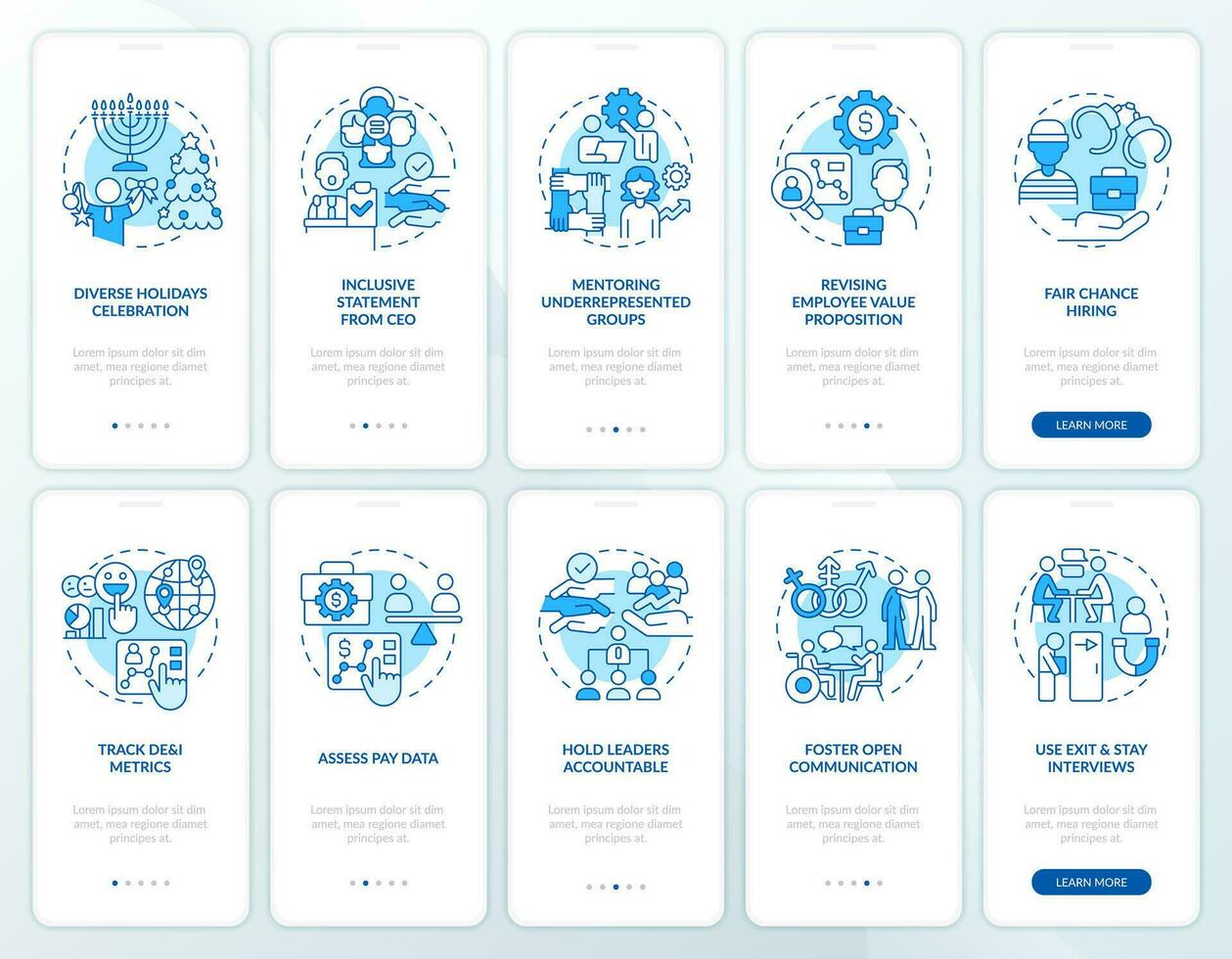 DEI programs for workplace blue onboarding mobile app screens set. Walkthrough 5 steps editable graphic instructions with linear concepts. UI, UX, GUI template vector