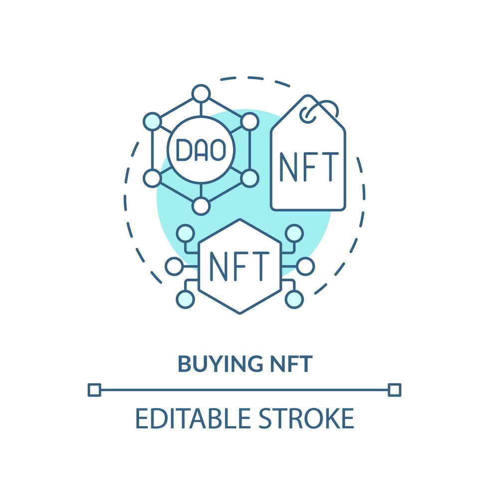 Buying NFT turquoise concept icon. Unique virtual art market. DAO usage purpose abstract idea thin line illustration. Isolated outline drawing. Editable stroke vector