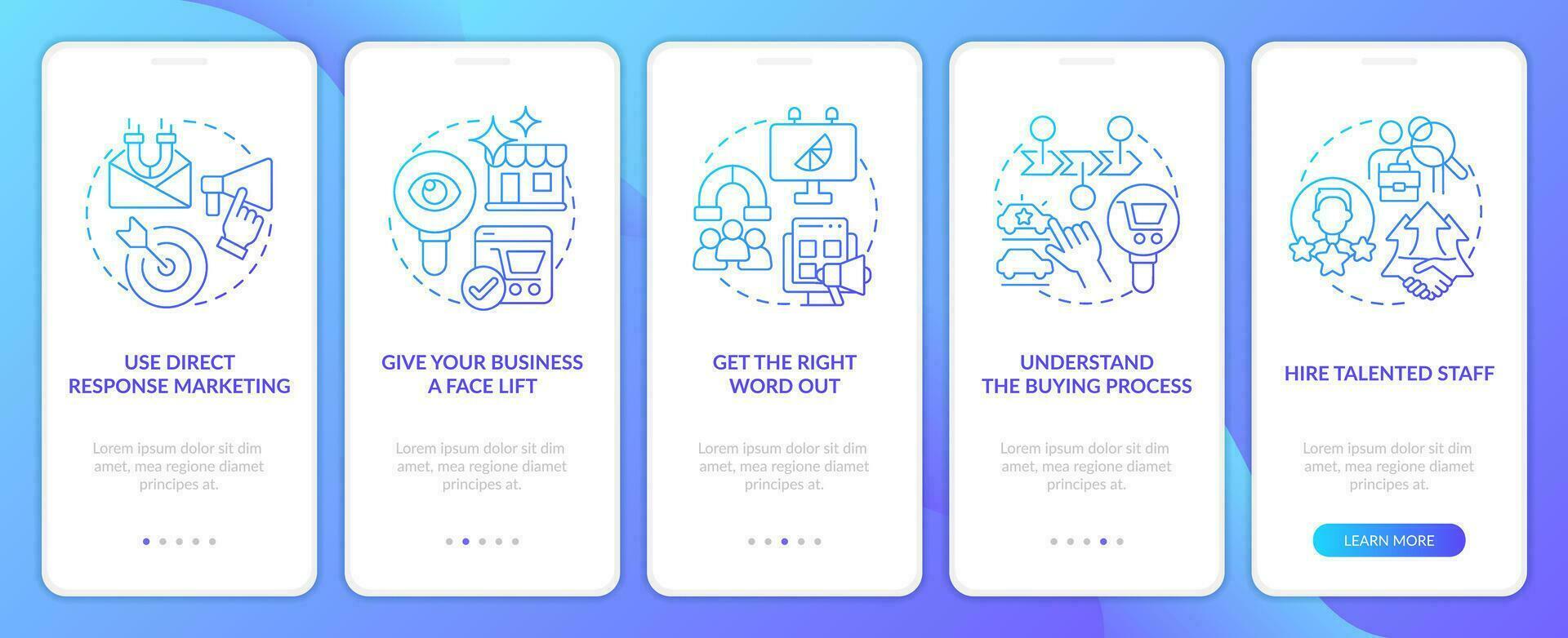Ways to reach clients strategies blue gradient onboarding mobile app screen. Walkthrough 5 steps graphic instructions with linear concepts. UI, UX, GUI template vector