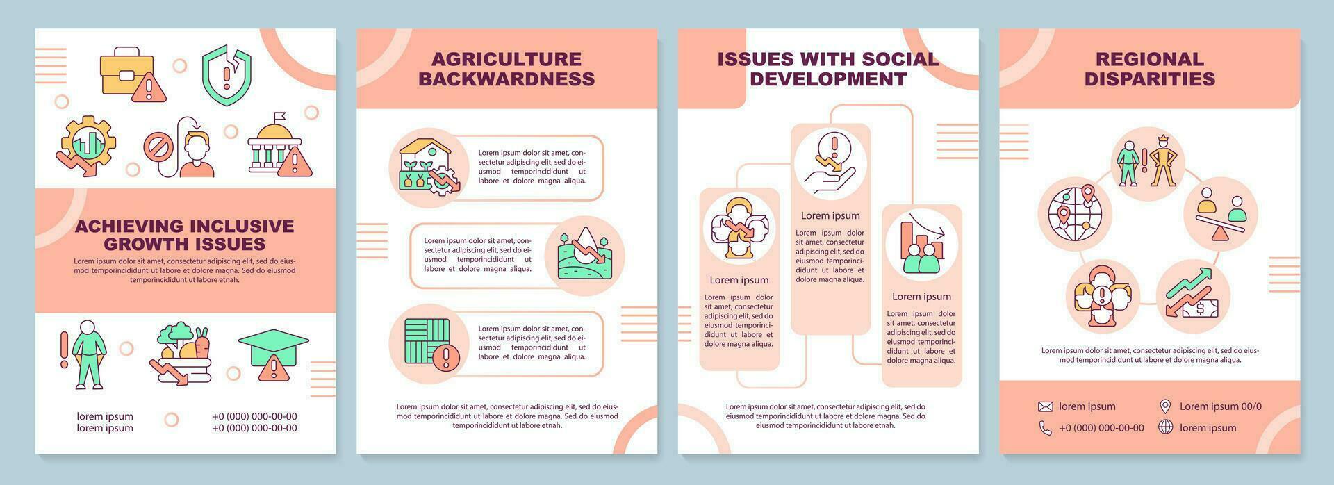 Achieving inclusive growth issues brochure template. Leaflet design with linear icons. Editable 4 vector layouts for presentation, annual reports