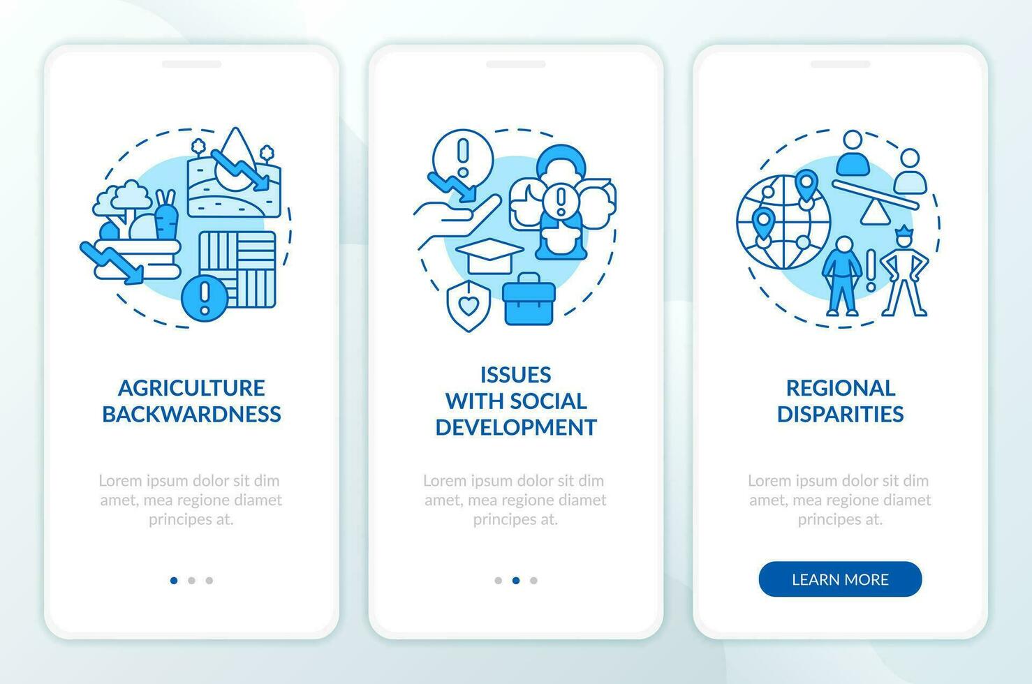 Issues related to inclusive growth blue onboarding mobile app screen. Walkthrough 3 steps editable graphic instructions with linear concepts. UI, UX, GUI template vector