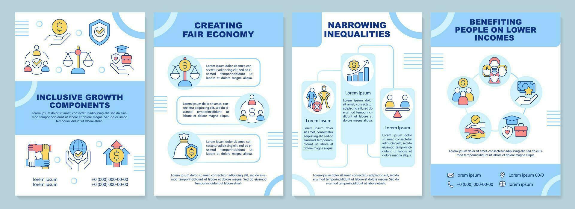 Inclusive growth components brochure template. Fair economy. Leaflet design with linear icons. Editable 4 vector layouts for presentation, annual reports