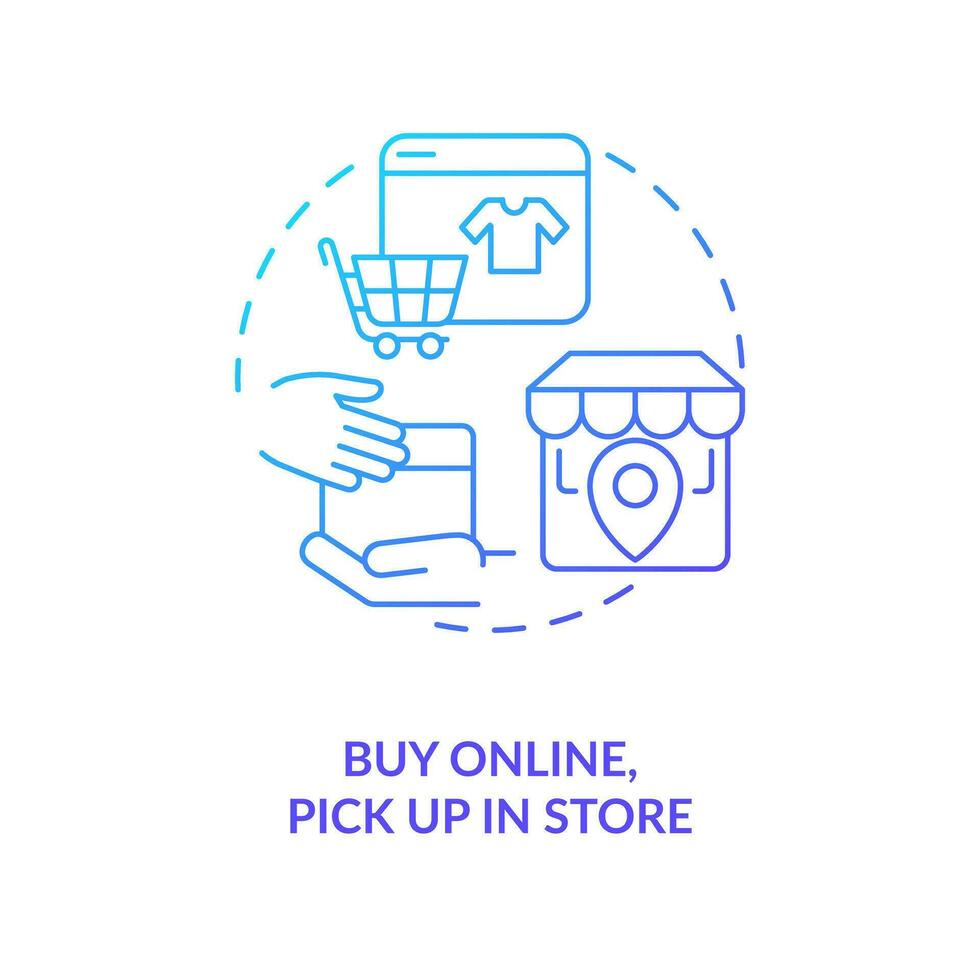 Buy online and pick up in store blue gradient concept icon. Find consumers to retail point way abstract idea thin line illustration. Isolated outline drawing vector