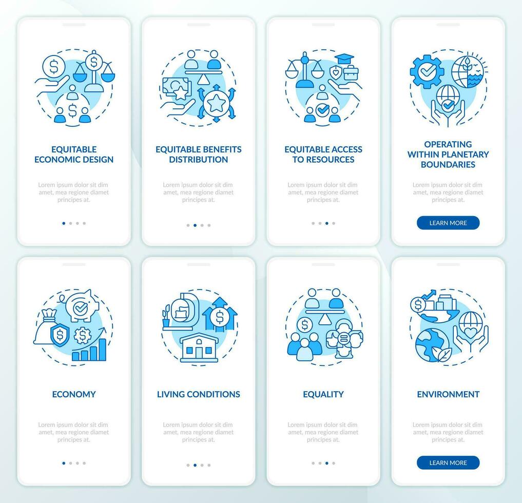 Green economy attributes blue onboarding mobile app screen set. Walkthrough 4 steps editable graphic instructions with linear concepts. UI, UX, GUI template vector