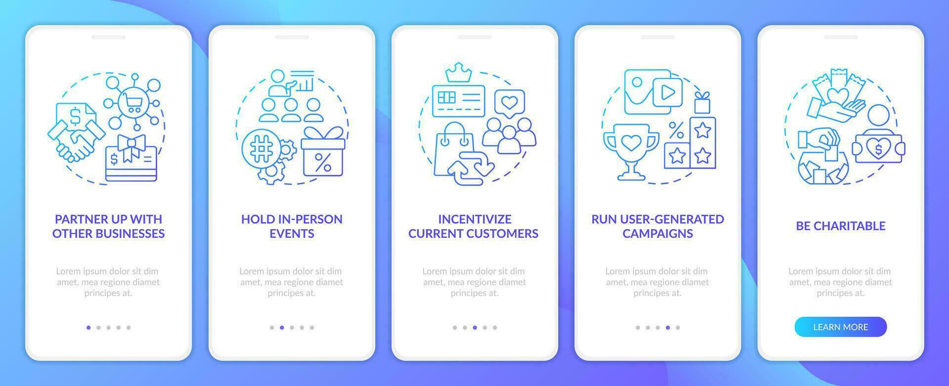 Get new customers for startup blue gradient onboarding mobile app screen. Walkthrough 5 steps graphic instructions with linear concepts. UI, UX, GUI template vector