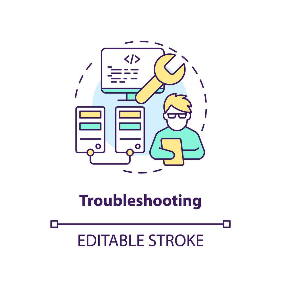 Troubleshooting concept icon. Know and fix code problems. Version control benefit abstract idea thin line illustration. Isolated outline drawing. Editable stroke vector