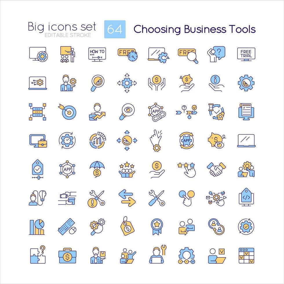 Choosing business tools RGB color icons set. Software selection. Brand development. Isolated vector illustrations. Simple filled line drawings collection. Editable stroke