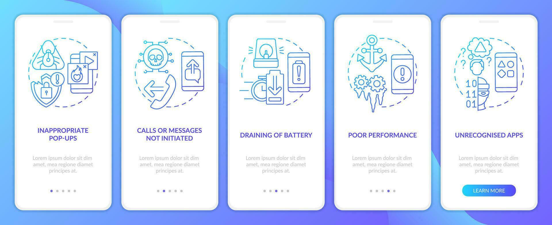 Smartphone hacking attacks blue gradient onboarding mobile app screen. Walkthrough 5 steps graphic instructions with linear concepts. UI, UX, GUI template vector