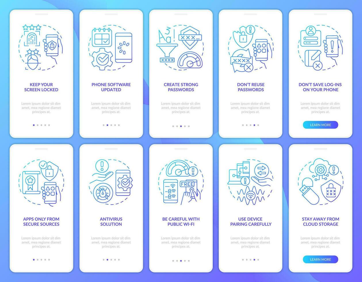 Prevent mobile phone hacking blue gradient onboarding mobile app screen set. Walkthrough 5 steps graphic instructions with linear concepts. UI, UX, GUI template vector