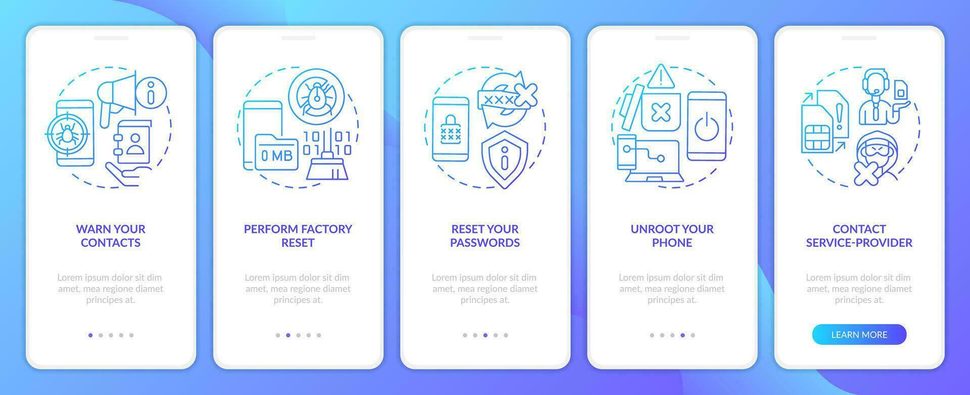 Repair smartphone after hacking blue gradient onboarding mobile app screen. Walkthrough 5 steps graphic instructions with linear concepts. UI, UX, GUI template vector