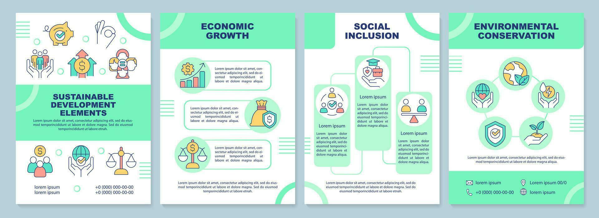 Sustainable development elements brochure template. Leaflet design with linear icons. Editable 4 vector layouts for presentation, annual reports