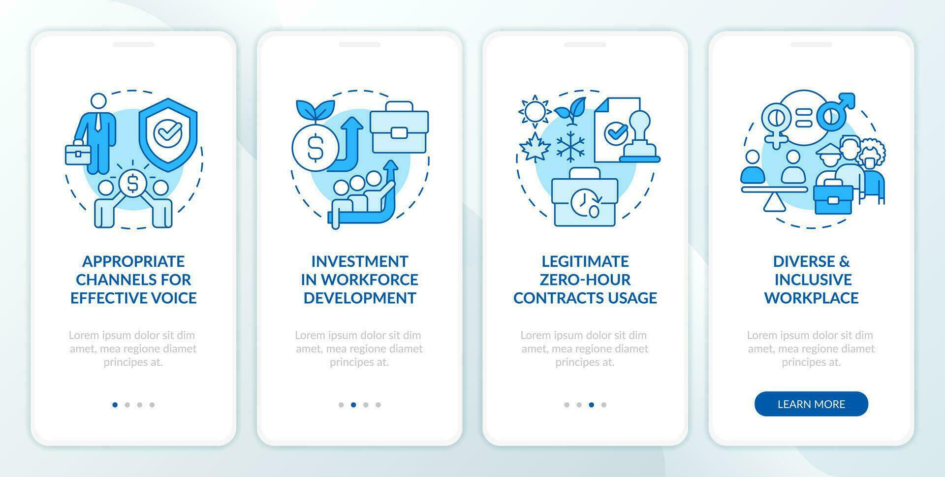 Fair employment practices blue onboarding mobile app screen. Walkthrough 4 steps editable graphic instructions with linear concepts. UI, UX, GUI template vector