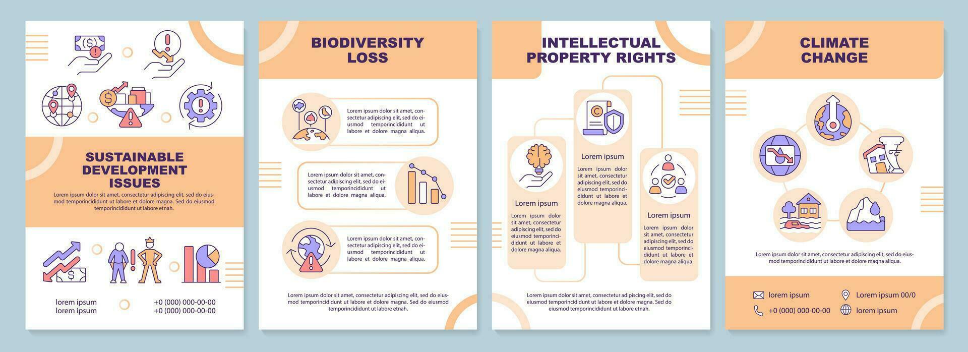 Sustainable development issues brochure template. Leaflet design with linear icons. Editable 4 vector layouts for presentation, annual reports