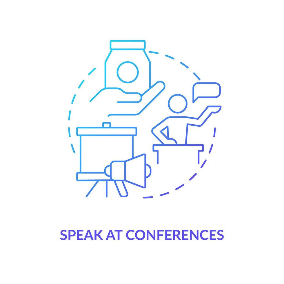 Speak at conferences blue gradient concept icon. Brand promotion. Finding potential customers tip abstract idea thin line illustration. Isolated outline drawing vector