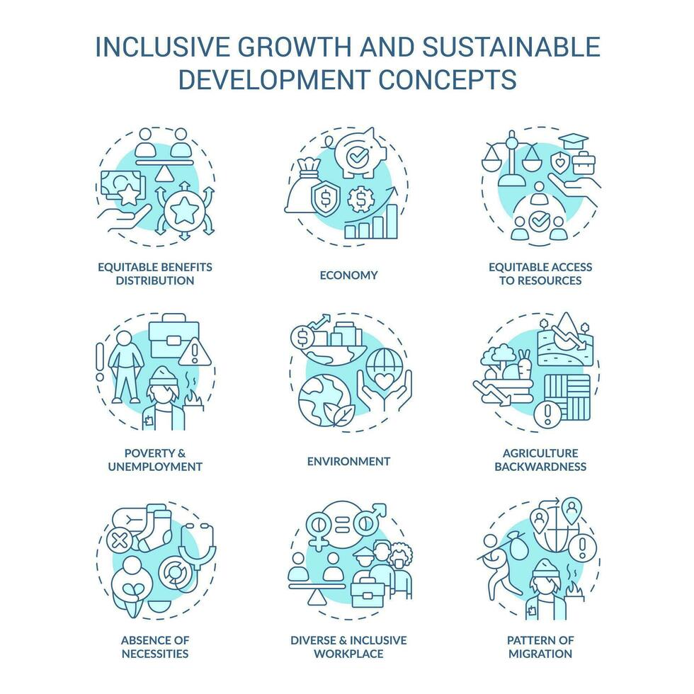 Inclusive growth and sustainable development turquoise concept icons set. Fair economy idea thin line color illustrations. Isolated symbols. Editable stroke vector