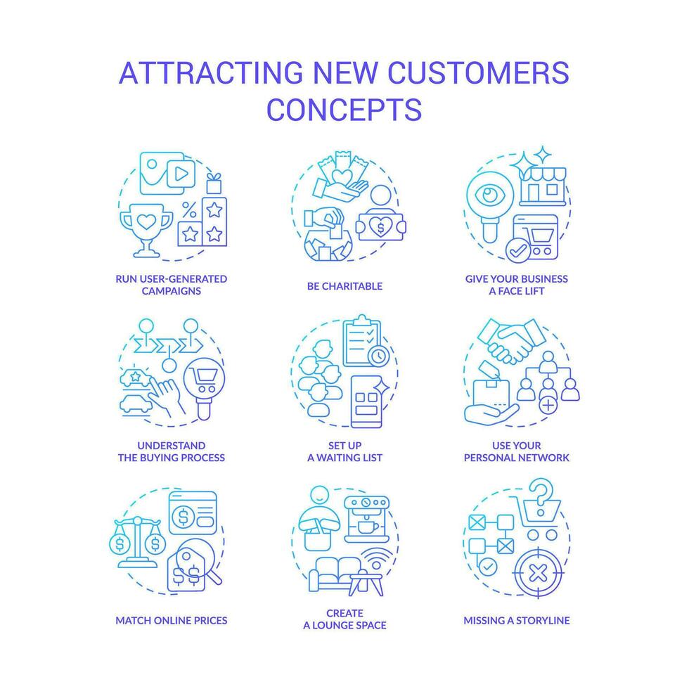 Attracting new customers blue gradient concept icons set. Finding clients. Promotion ideas for business thin line color illustrations. Isolated symbols vector