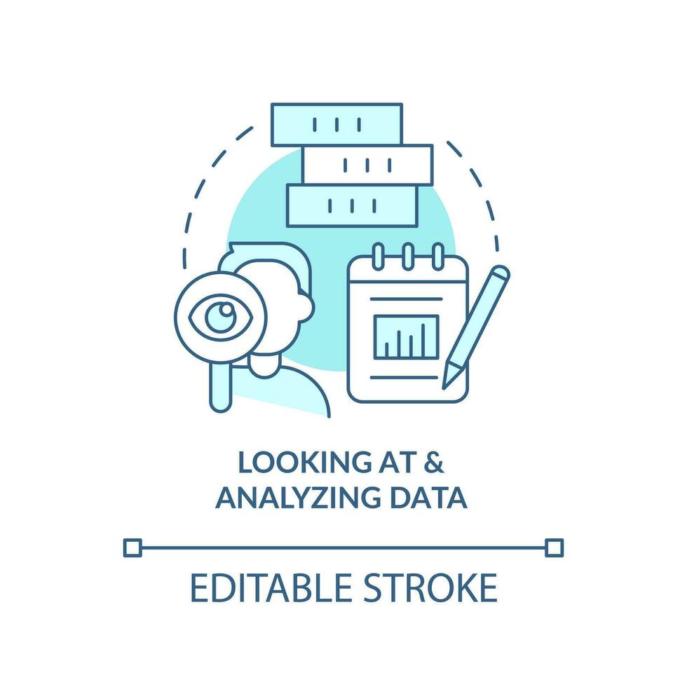 Looking at and analyzing data turquoise concept icon. Analytics skills abstract idea thin line illustration. Isolated outline drawing. Editable stroke vector