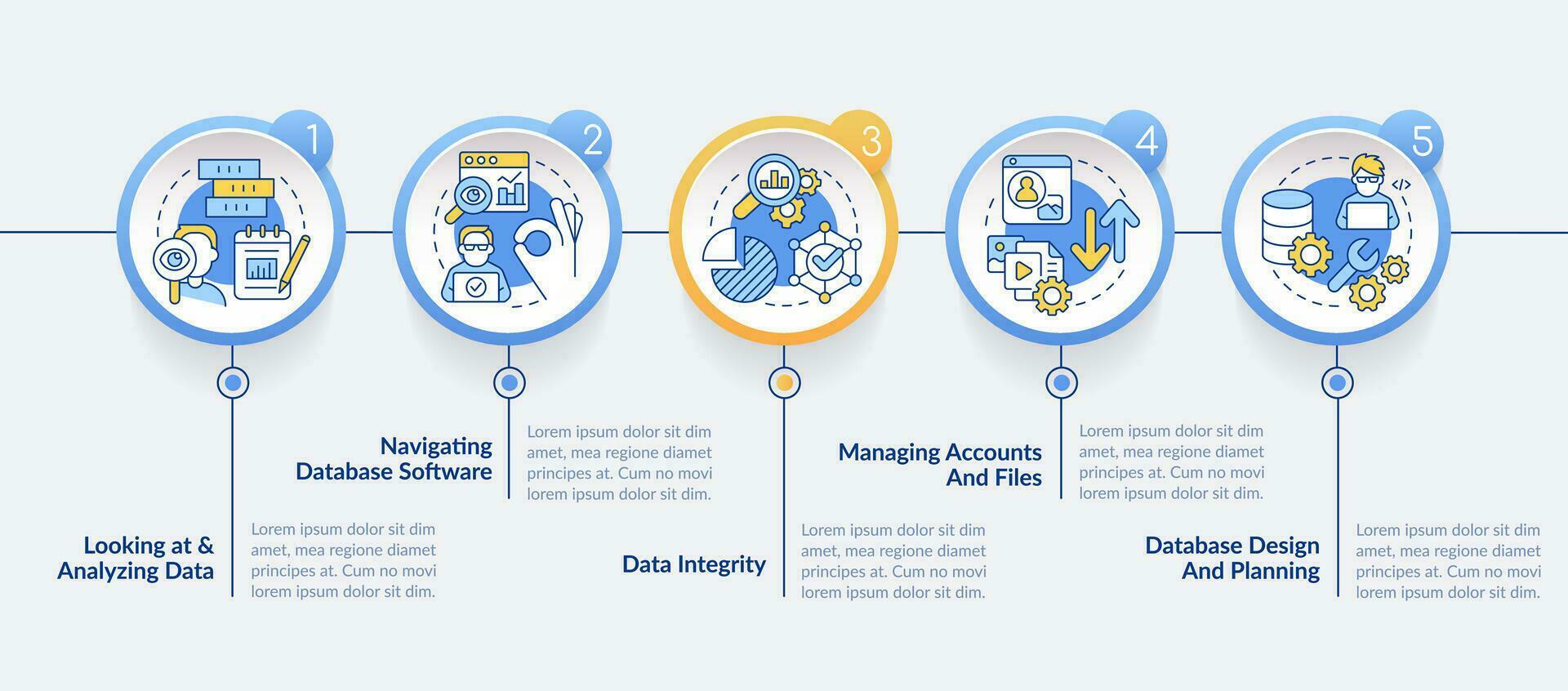Database management skills circle infographic template. System analyst. Data visualization with 5 steps. Editable timeline info chart. Workflow layout with line icons vector
