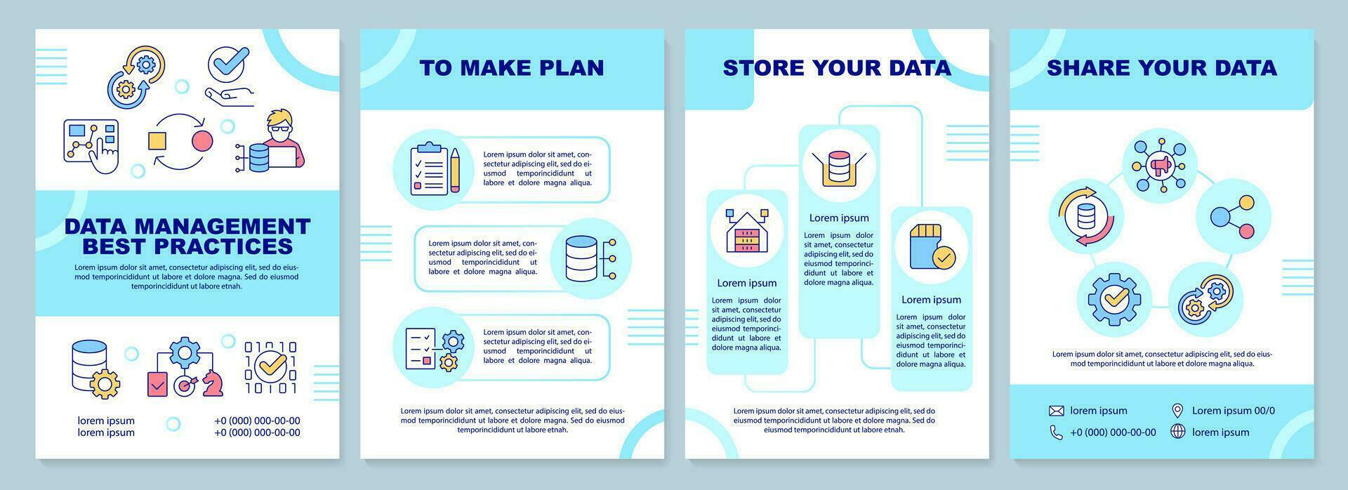 Data management best practices turquoise brochure template. Leaflet design with linear icons. Editable 4 vector layouts for presentation, annual reports