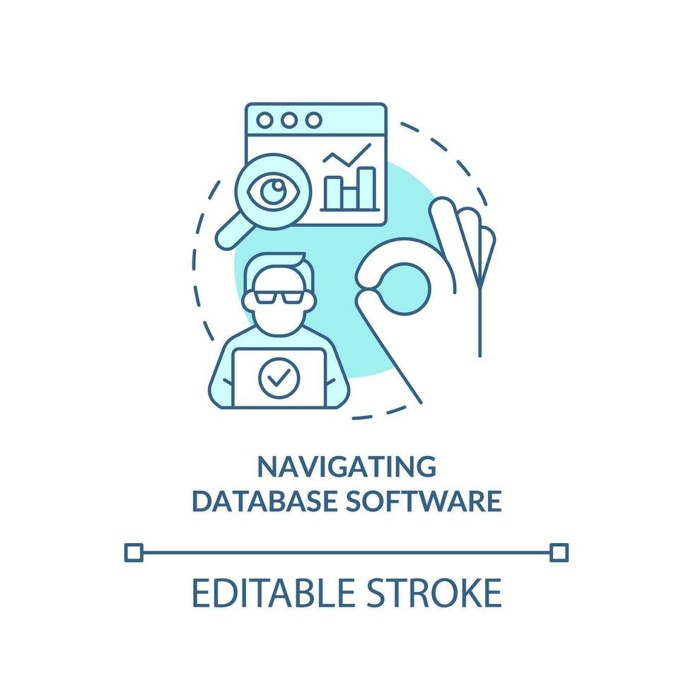 Navigating database software turquoise concept icon. Information management abstract idea thin line illustration. Isolated outline drawing. Editable stroke vector