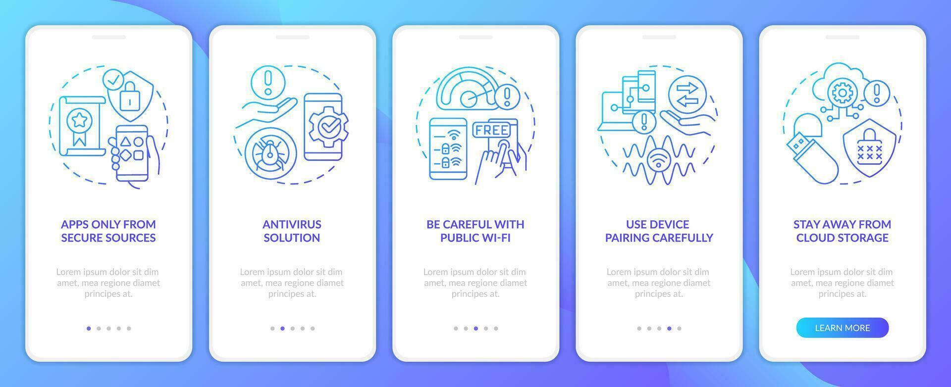 Smartphone security tips blue gradient onboarding mobile app screen. Protection walkthrough 5 steps graphic instructions with linear concepts. UI, UX, GUI template vector