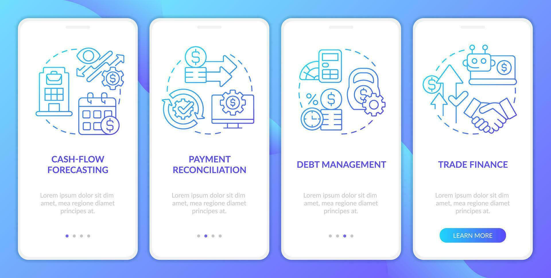 Treasury management system feature blue gradient onboarding mobile app screen. Walkthrough 4 steps graphic instructions with linear concepts. UI, UX, GUI template vector