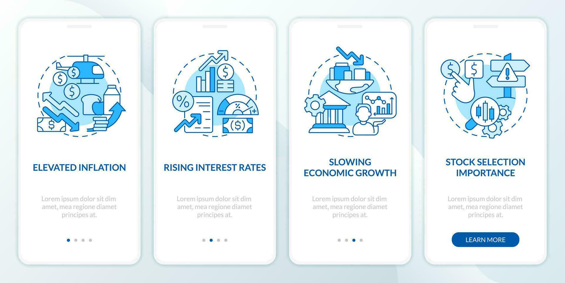 Stock market trends blue onboarding mobile app screen. Tendencies walkthrough 4 steps editable graphic instructions with linear concepts. UI, UX, GUI template vector