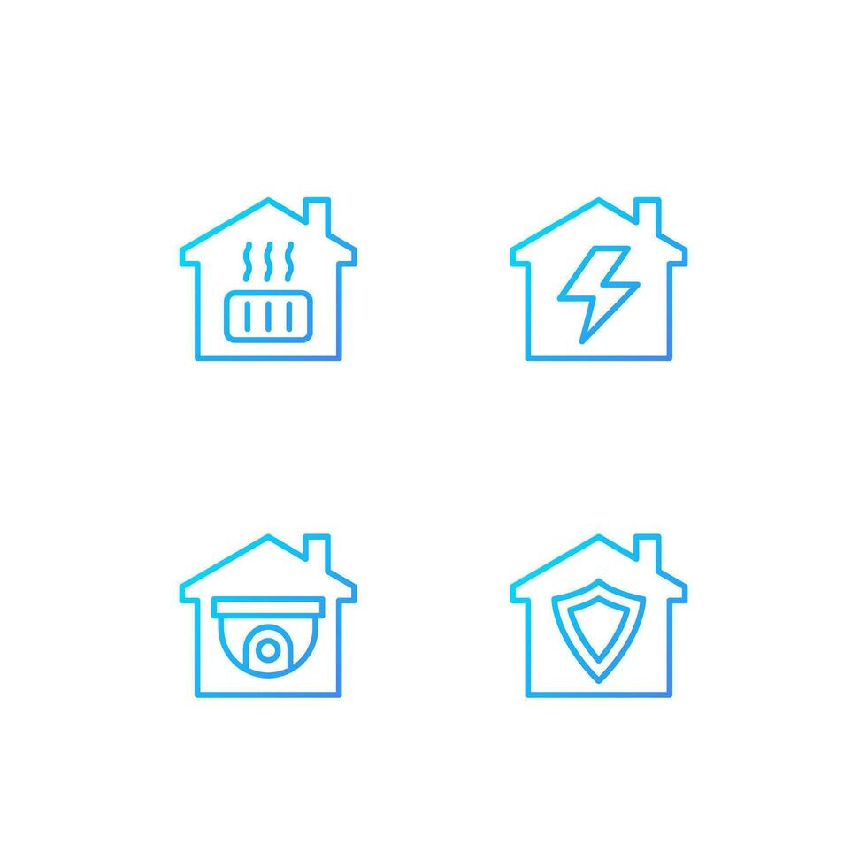 Domestic services pixel perfect gradient linear vector icons set. Heating system. Electricity supply. Security. Thin line contour symbol designs bundle. Isolated outline illustrations collection