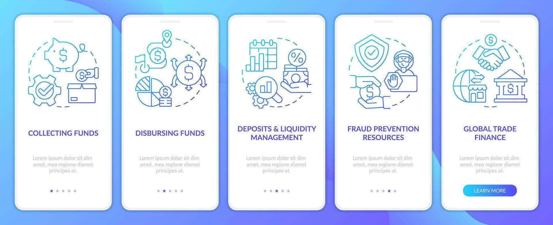 tesorería administración servicios azul degradado inducción móvil aplicación pantalla. recorrido 5 5 pasos gráfico instrucciones con lineal conceptos. ui, ux, gui modelo vector