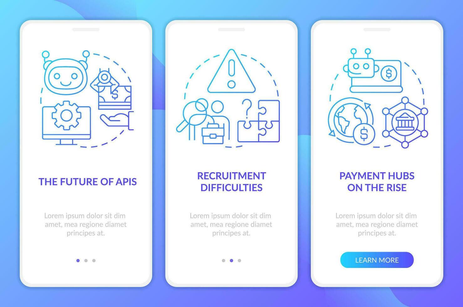 Treasury management trends blue gradient onboarding mobile app screen. Walkthrough 3 steps graphic instructions with linear concepts. UI, UX, GUI template vector