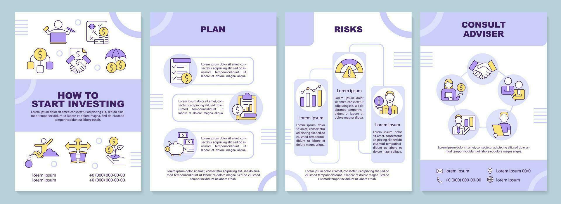 How to start investing purple brochure template. Leaflet design with linear icons. Editable 4 vector layouts for presentation, annual reports