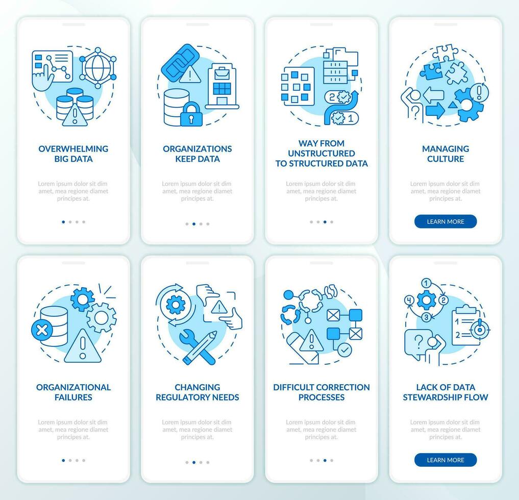 Information regulations issues blue onboarding mobile app screen set. Walkthrough 4 steps editable graphic instructions with linear concepts. UI, UX, GUI template vector