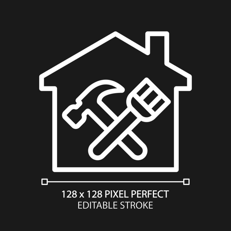 Overhaul pixel perfect white linear icon for dark theme. Building revision and restoration. Hammer and paintbrush. Thin line illustration. Isolated symbol for night mode. Editable stroke vector